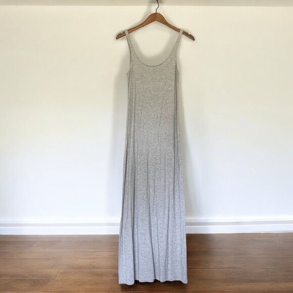 H&M Basic Heather Grey Stretch Jersey Maxi Dress Tank Sleeves Ankle Length Sz S - Picture 1 of 5